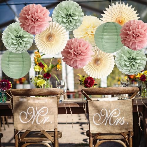 Dusty Pink and Sage Green Party Decorations Dusty Rose Sage Green Tissue Pom Poms Paper Lanterns Confetti Dots Scatter Tab...