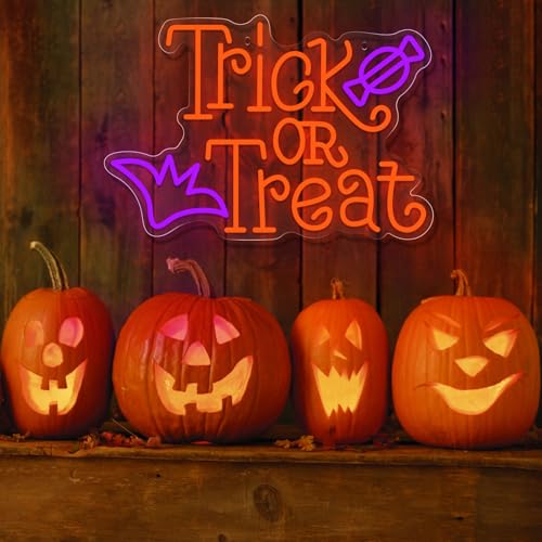 Trick or Treat Neon Sign for Wall Decor Dimmable LED Neon Halloween Light for Wall Decor, LED Halloween Light Up Sign Deco...