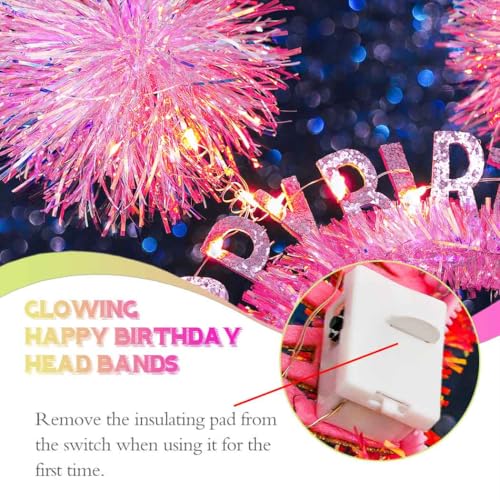 Aceorna Light Up Pink Headbands LED Happy Birthday Crown Hairbands Glowing Pom Pom Hair Accessories for Women