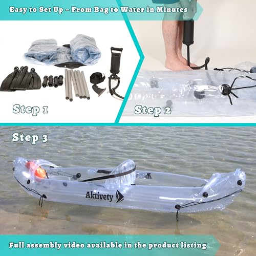 Aktivety – Inflatable Clear Kayak 2 Person Adult – Transparent Tandem Crystal Kayaks with See Through Bottom – Blow Up Hea...