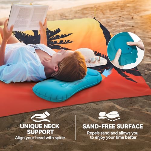 Beach Blanket, Waterproof Sandproof Beach Mat with Stakes and Inflatable Camping Pillow, 79" X 83" Quick Drying Lightweigh...