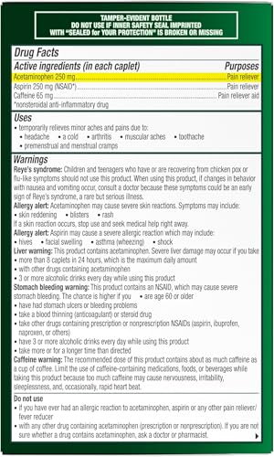 Excedrin Extra Strength Pain Relief Caplets for Headache Relief, Acetaminophen 250mg, Aspirin 250mg, Caffeine 65mg, Pain Reliever, 200 Count
