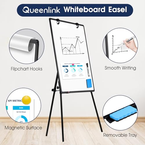 QUEENLINK Magnetic Whiteboard Easel, 36"x24" Height Adjustable Dry Erase Board with Stand, Large Aluminium Frame White Boa...