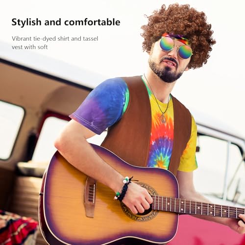 Sintuff 6 Pcs Men's Hippie Costume Set Hippie Fringe Vest Accessories for 60 70s Carnival Party Halloween Outfits