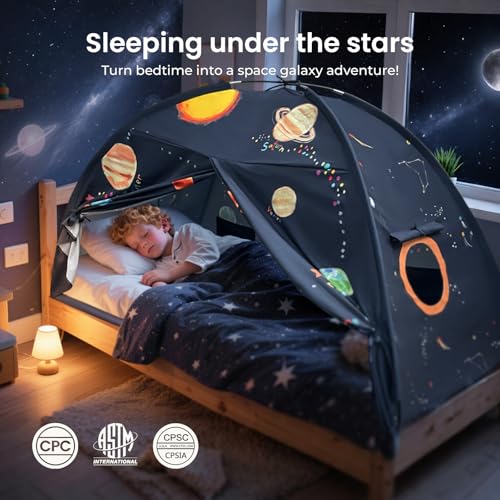 Tiny Land Space Galaxy Bed Tent for Kids – Sleep Bed Canopy with 9 Planets Design, Easy-to-Install Indoor Kids Play Tent, ...