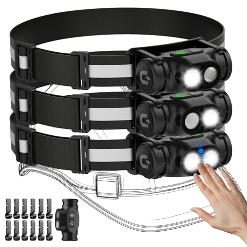 Spriak Rechargeable Headlamp 3PCS, High Lumens Bright Head Lamp Led with Motion Sensor, 4 Modes, Magnet, Detachable Flashl...