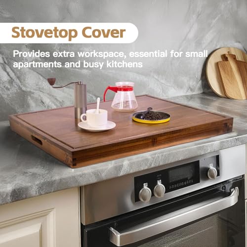DAOYOUSKY 30x22 Acacia Noodle Board Stove Cover Wood with Handles, Wooden Stovetop Cover Cutting Board with Juice Groove f...