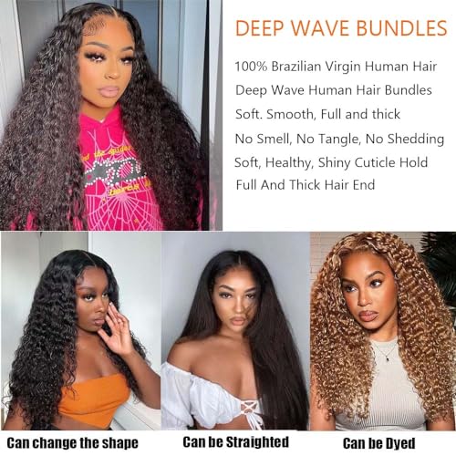 Deep Wave Bundles Human Hair 3 Bundles 12A Brazilian Virgin Human Hair Deep Curly Wave Extensions 100% Unprocessed Human Hair Weave Bundles Natural Black Color 14-18 Inch