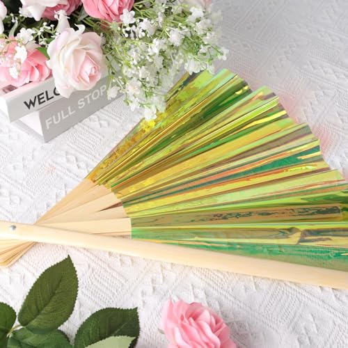 Folding Hand Fan, 13 Inch Glitter Green Rave Decorative Hand Fans for Line Dancing Handheld Crafts for Festivals, Rainbow ...