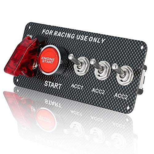 Stark Industries - Race Car Ignition Panel with Engine Start Button and 3 Toggle Switches - Carbon Fiber 12V LED Switch Panel