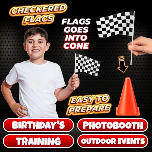 Bedwina Race Car Birthday Party Decorations - (36 Pcs) 12 - 8-Inch Orange Mini Cones for Kids & 24 Black & White Checkered...