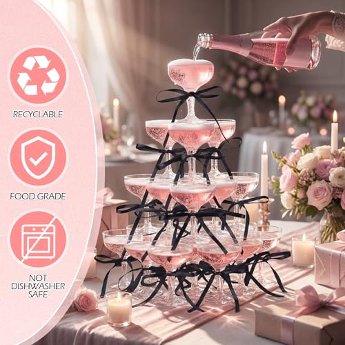 Zopeal 30 Set Disposable Plastic Coupe Glasses With Satin Ribbon Bow 5 oz Acrylic Champagne Tower Cocktail Unbreakable Pla...