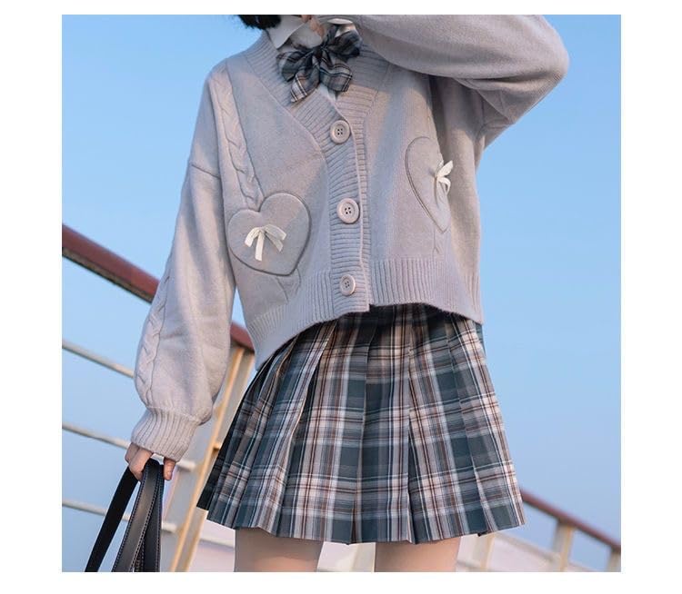 Japan Harajuku Kawaii Pink Knitted Cardigan Women's V-Neck Sweater Cute Bow Heart Korean JK School Uniform Jacket