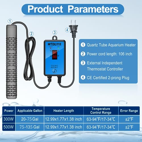 HiTauing Aquarium Heater, Upgraded 300W/500W Fish Tank Heater with Intelligent Leaving Water Automatically Stop Heating an...