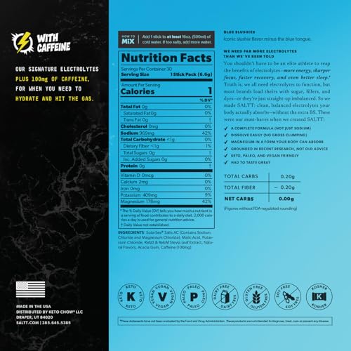 SALTT Electrolytes Powder Flavored Drink Mix - Blue Slushies - 90 Hydration Packets - 100mg Caffeine - Magnesium, Potassiu...