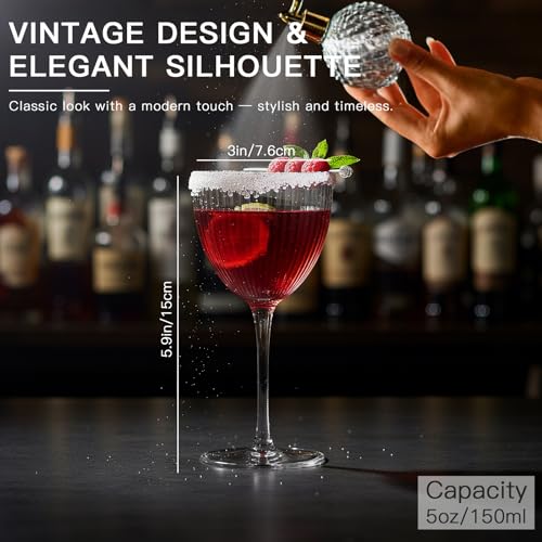 SIPBYSOP Nick and Nora Cocktail Glasses - Pink Martini Glasses, Ribbed Coupe Glasses Set of 4, 5 Oz,Valentines Day Gifts F...
