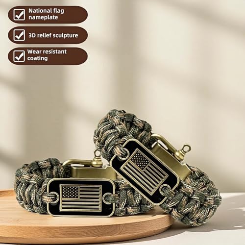 Patriotic Paracord Survival Bracelet for Men - Bronze US Flag Pendant Tactical Gear with Multi-Tool Functions, Adjustable ...