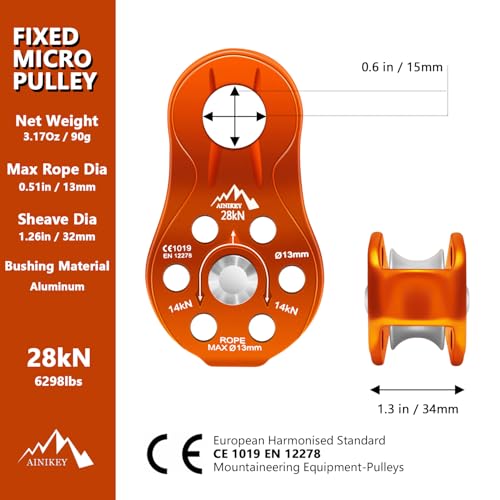 AINIKEY Fixed Plate Micro Pulley, 28KN CE Certified General Purpose Small Aluminum Rope Pulleys Slack Tender for Hauling/R...