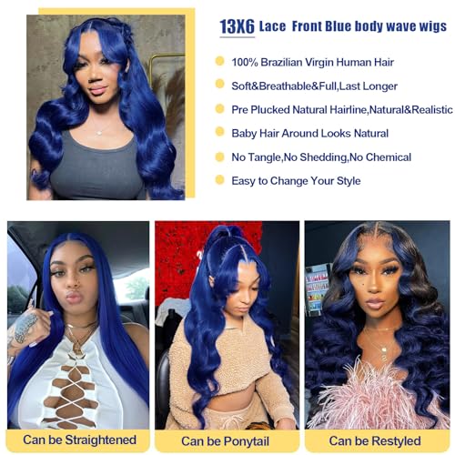 Blue Lace Front Wigs Human Hair 13x6 Dark Blue Body Wave Lace Front Wig Human Hair Pre Plucked180% Density Royal Blue Hd Lace Frontal Glueless Wigs Human Hair for Black Women 22 Inch