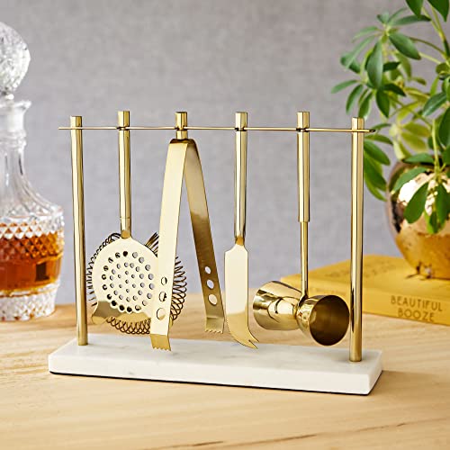 Twine Bar Tool Set Includes Hawthorne Strainer, Citrus Knife, Ice Tongs, Double Jigger with Marble Display Stand for Class...