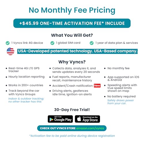 Vyncs - GPS Tracker for Vehicles, [No Monthly Fee], 4G LTE, Vehicle Location, Trip History, Driving Alerts, GeoFence, Fuel...