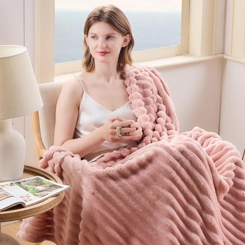 NEWCOSPLAY Super Soft Throw Blanket Pink Premium Silky Flannel Fleece 3D Ribbed Jacquard Lightweight Bed Blanket All Seaso...