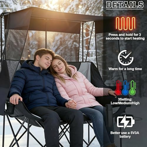 Heated Double Camping Chair with Canopy for Adult, Oversized 660lbs Folding Chair with Padded, 4 Heating Zones and 3 Heat ...
