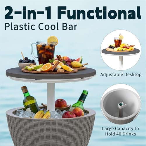 ROJIK 3-in-1 Resin Ice Bucket & Beverage Cooler – Wood Look Patio Table, UV Protection & Drain Plug for Outdoor Parties, B...