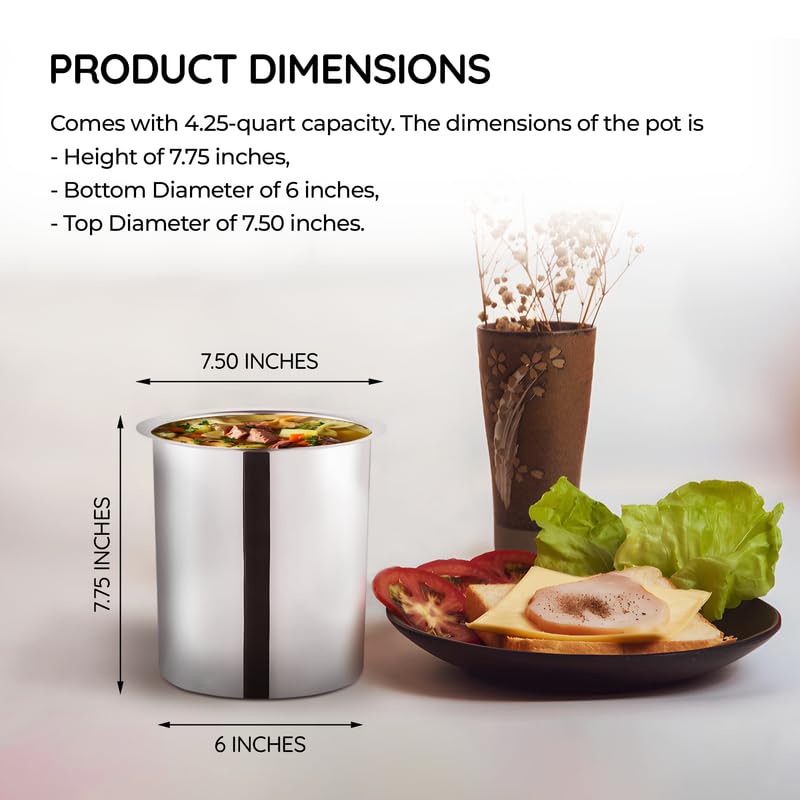 OCS Parts 4.25 Quart Bain Marie Pot with Lid Set | 7.75" x 6" Stainless Steel Pot for Warm or Cold Food, Home Kitchens, Stovetop, Steam Tables, Catered Events, Soup Warmers or Buffet and Salad Bars