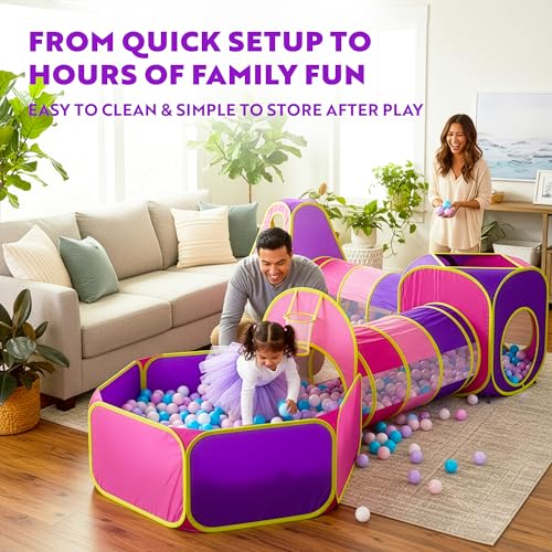 Playz 5pc Kids' Play Tents & Tunnels - Ball Pit for Toddlers, Basketball Hoop, Crawling Tubes, Pop-Up Playhouses, Baby Obs...