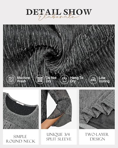 Bebonnie Women's Ruffle 3/4 Sleeve Elegant Dressy Blouses Crew Neck Double Layers Mesh Tunic Tops