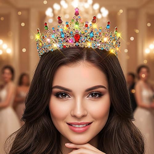 Urieo Light Up Crystal Crown Colorful Rhinestone Tiara Headbands Carnival Princess Prom Halloween Hair Accessories for Women