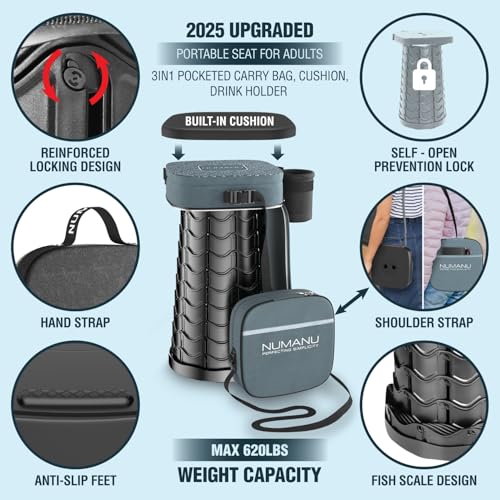 NUMANU 2025 Upgraded Collapsible Stool & 3IN1 Cushioned Carry Bag, Max 620lbs, 18" Height Adjustable Portable Stool Retrac...
