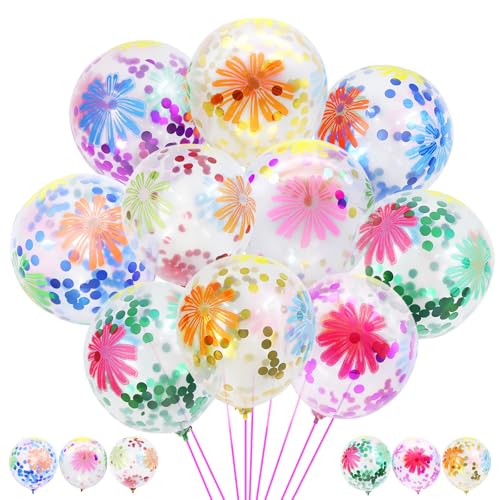 50 Pieces Flower Print Confetti Balloons 12 Inch Colorful Clear Floral Latex Balloon with Balloon Holder Sticks Spring Sum...