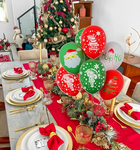 Christmas Balloons, 12 Inch Green and Red Balloons With Ribbon for Christmas Birthday Party Decorations