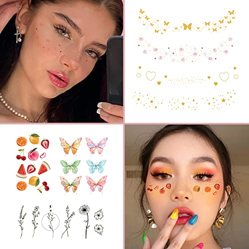 DIVAWOO 32 Sheets Face Temporary Tattoo, 20 sheets Glitter Metallic Freckle Tattoos, 12 PCS Butterflies Fake Tattoos Stick...