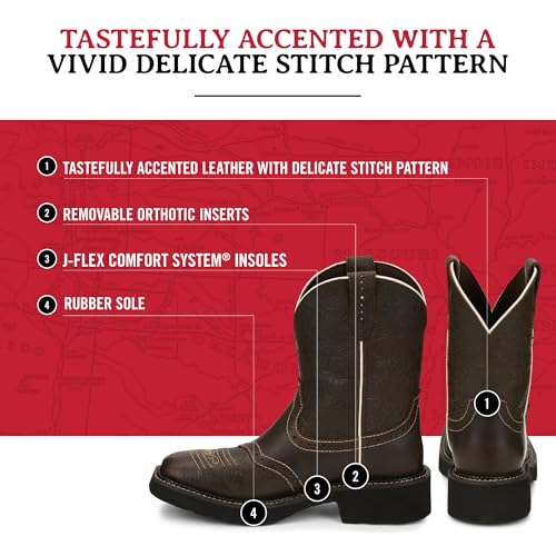 Justin Mandra 8¡± Western Boots for Women - Durable Cowhide Leather Square Toe Cowgirl Boots with Vivid Stitching, J-Flex Comfort & Non-Slip Outsoles