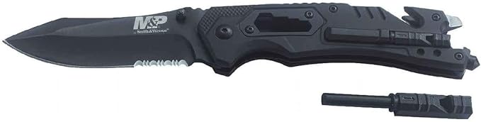Smith & Wesson M&P 8.5in High Carbon S.S. Spring Assisted Folding Knife with 3.5in Serrated Drop Point Blade and Rubber Ha...