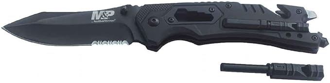 Smith & Wesson M&P 8.5in High Carbon S.S. Spring Assisted Folding Knife with 3.5in Serrated Drop Point Blade and Rubber Ha...