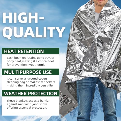4 Pack Emergency Blanket, Premium Mylar Bankets, Thermal Blanket for Camping, Space Blankets Survival, Foil Blankets for W...