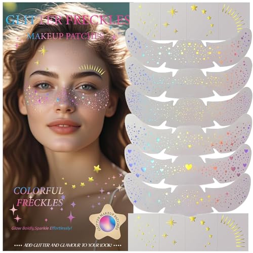 Freckles Face Tattoo, All-in-One Holographic & Gold Glitter, Waterproof and Sweatproof Sparkle Speckles Patches, Festival ...