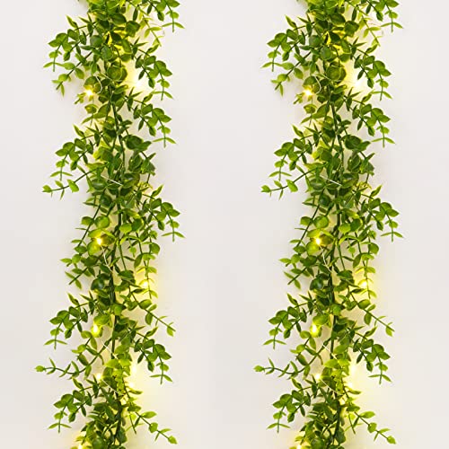 Dolicer 2 Packs Eucalyptus Garland with LED Lights String, 12FT Faux Eucalyptus Greenery Garland, Artificial Hanging Green...