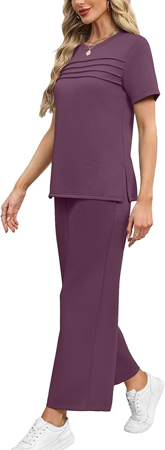 WIHOLL Two Piece Sets for Women Summer Travel Vacation Outfits Short Sleeve Lounge Sets Side Slit Wide Leg Pants S-3XL