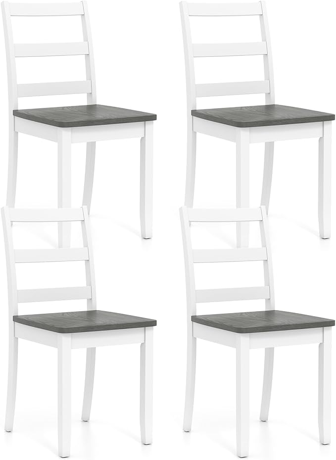 Giantex Dining Chairs, Wooden Armless Kitchen Chairs with Solid Rubber Wood Legs, Farmhouse Ladder Back Dining Chairs for Dining Room (4, White+Gray)