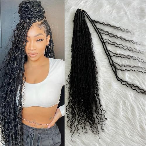 Boho Locs Crochet Braids Pre Looped With Human Hair Extensions Curly Ends Deep Wave Goddess Soft Locs Box Knotless Braids Hair Synthetic Dreadlocks Braiding for Women CHARMING YOU 22 Inch 24Strands