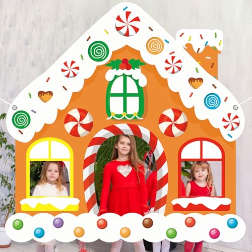 Large Christmas Gingerbread House Photo Booth Props - Fabric Backdrop, Door Banner Decorations for Winter Xmas Holiday Par...