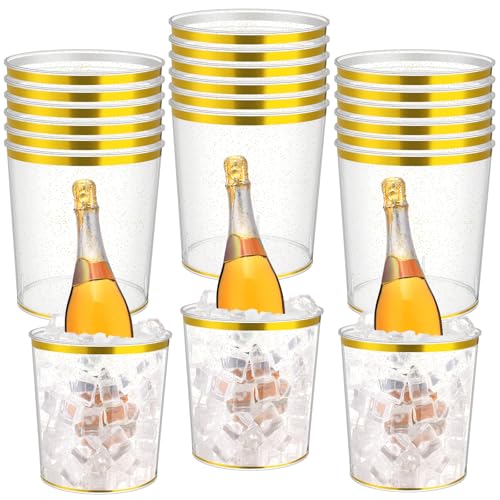 Acellegic 18 Pcs Ice Buckets Bulk, 6 Liter Plastic Round Ice Buckets with Gold Rim and Glitter, Disposable Storage Drink T...