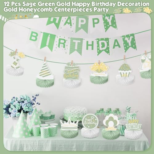 Sabary 12 Pcs Sage Green Birthday Centerpiece Sage Green Table Decoration Happy Birthday Desktop Decoration Honeycomb Cent...