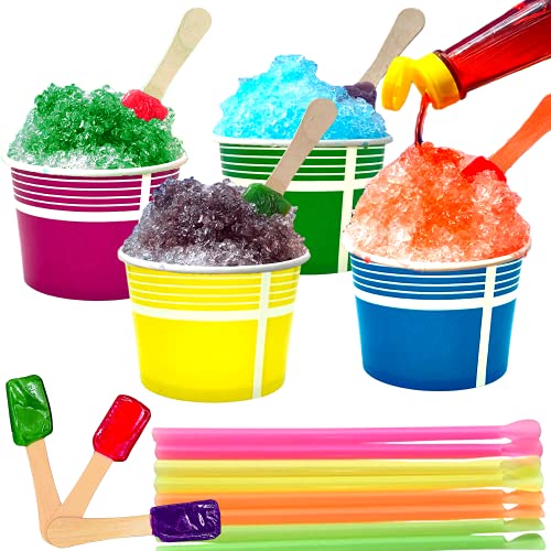 140 Piece Multi-Colored Snow Cone/Shaved Ice Kit - Includes 40 (12oz) Yellow, Pink, Green and Blue Cups, 50 Candy Spoons, ...