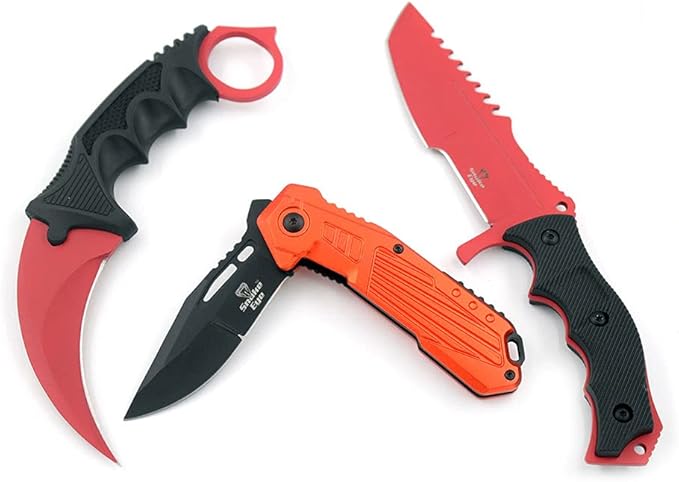 Snake Eye Tactical Triple Set Fixed Blade Mini Huntsman Folding Knife Outdoors Hunting Camping Fishing Self Defense (Red)